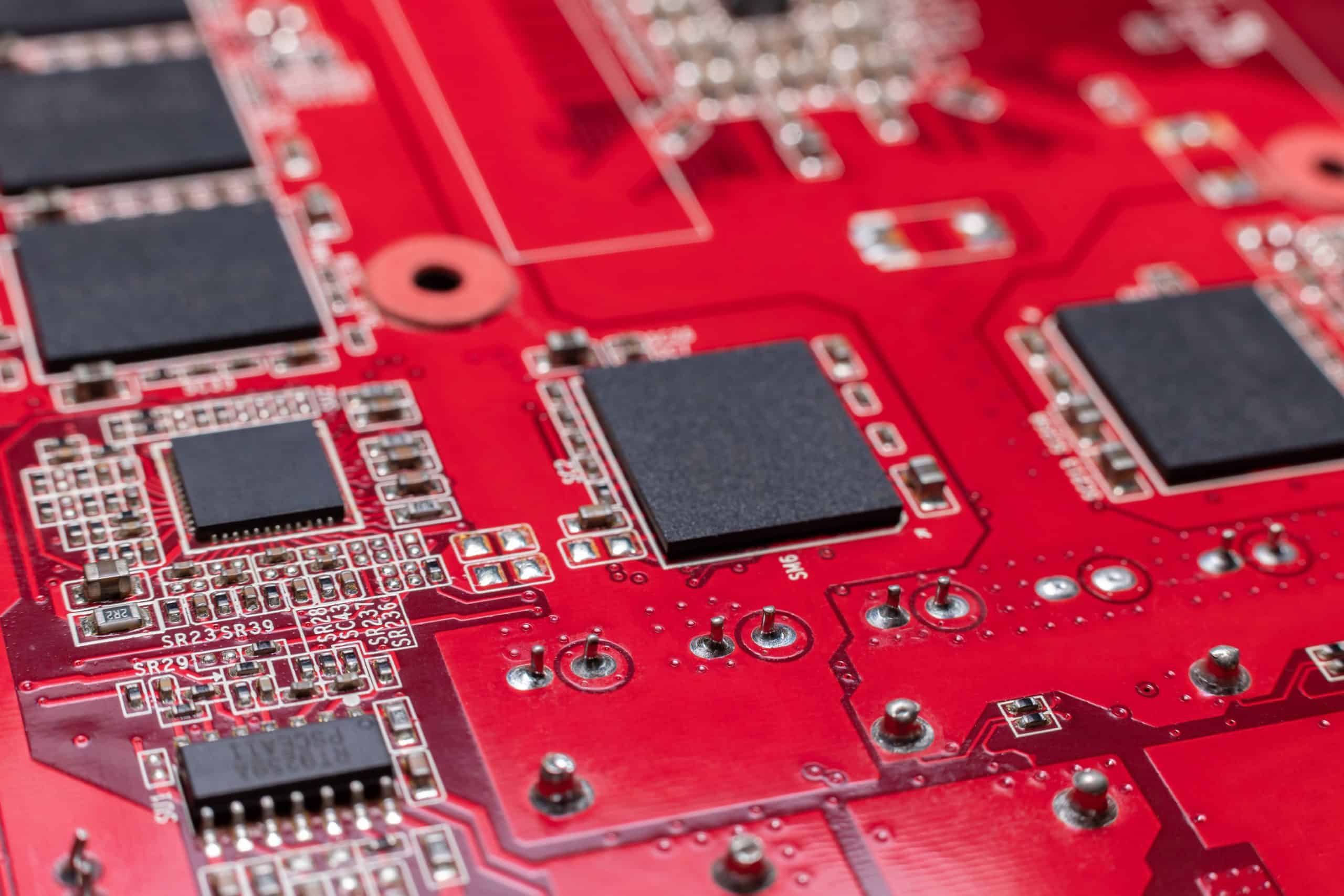 Close-up of a red printed circuit board