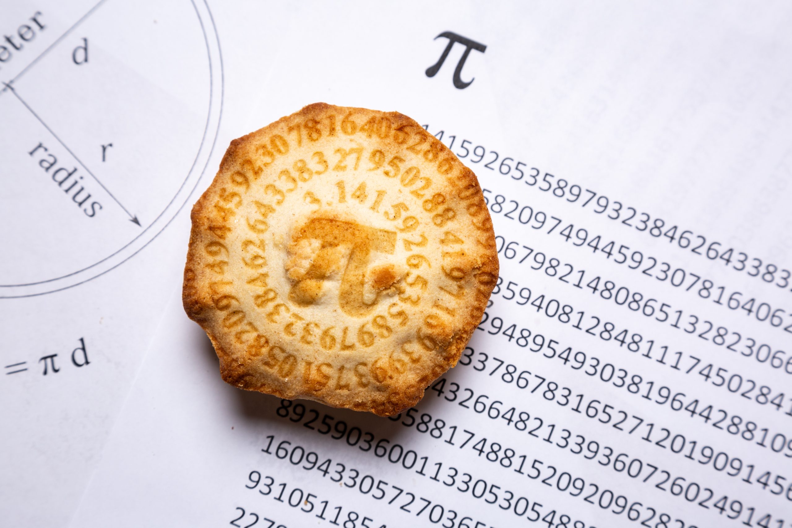 Apple pie laser marked with Pi symbol and numbers on a mathematical background