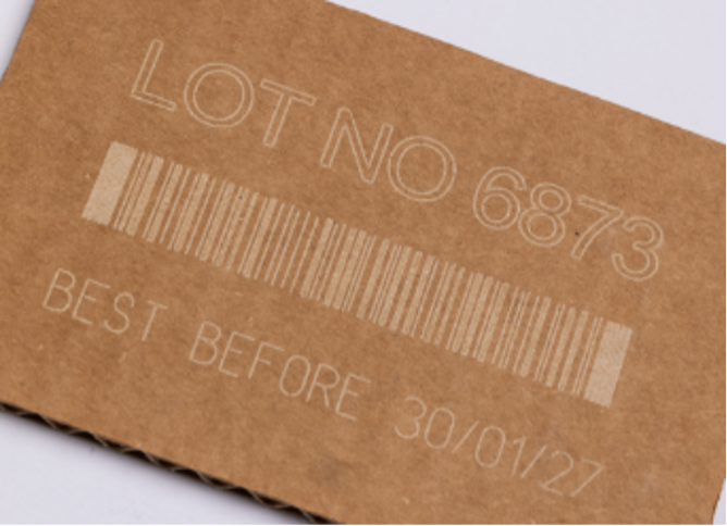 Precise laser-marked barcode, lot number, and date on corrugated cardboard.