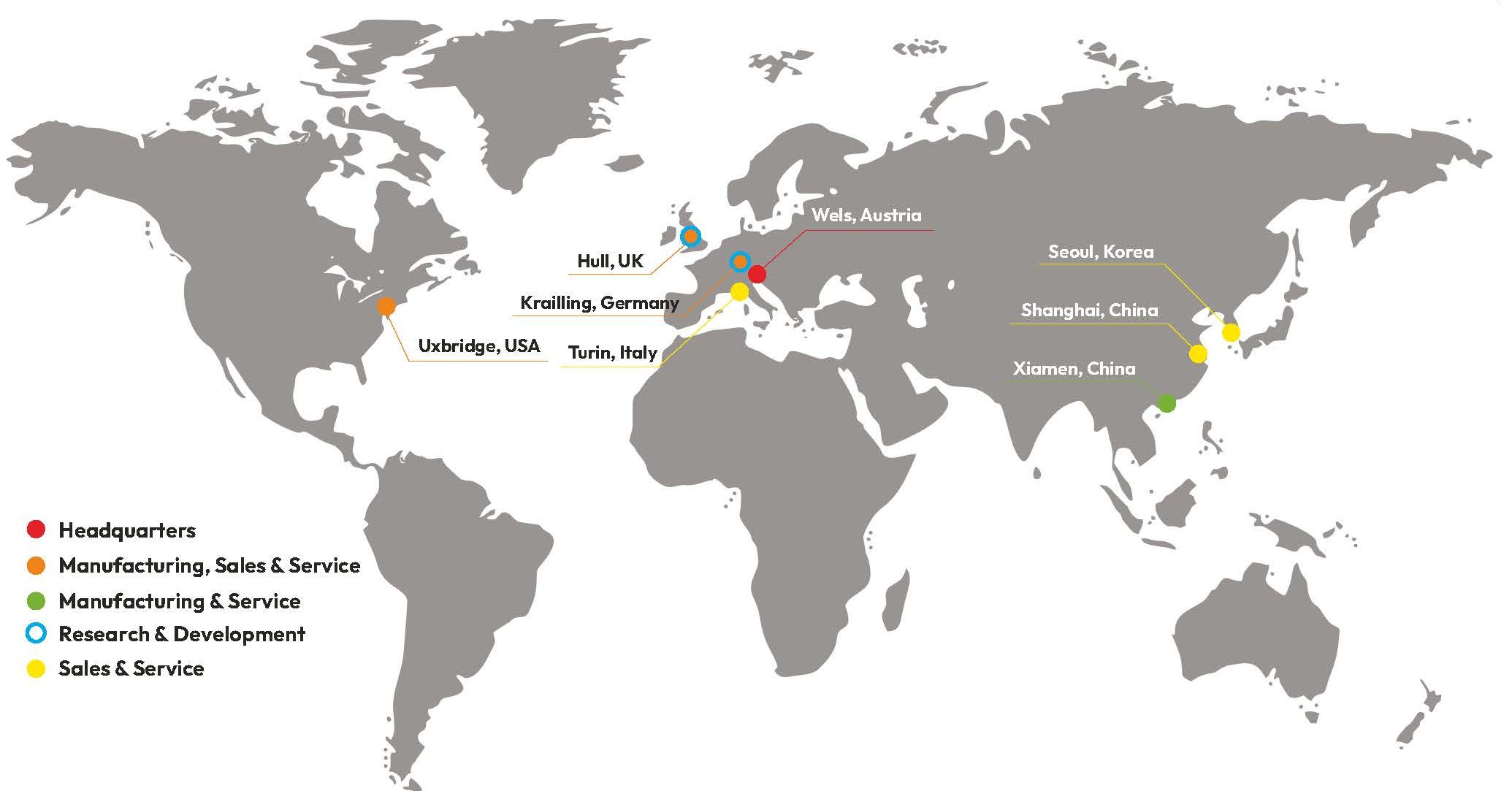 World map showing Luxinar's global locations including headquarters, manufacturing sites and sales & service hubs