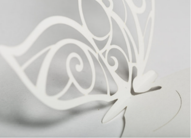 Intricate filigree butterfly design precisely cut from white cardboard using CO2 laser technology.