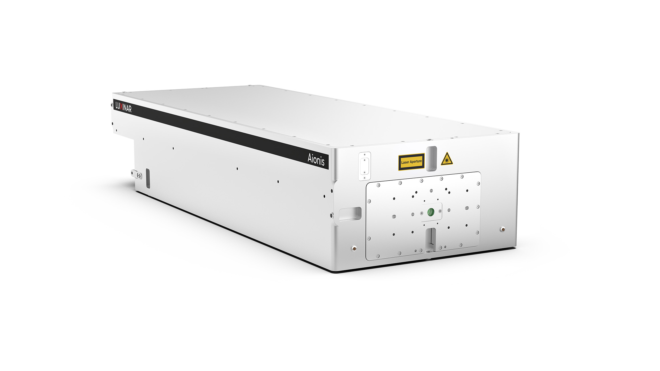 White rectangular Aionis laser housing with a black Luxinar label, front aperture, warning symbol and connectors.