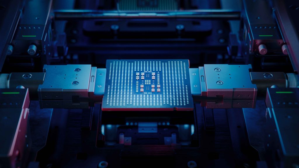 Microchip substrate on an automated production line for advanced packaging in the semiconductor market.