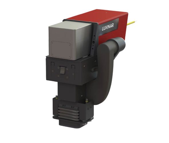 InMarker laser module for integration | Luxinar Product render of the Luxinar InMarker laser module, showing its compact red, black and silver housing and connection interface for industrial integration.